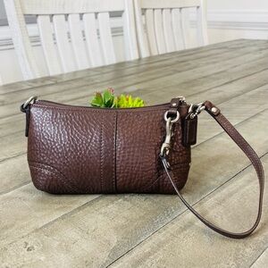 Coach Brown Pebbled Leather Wristlet Mini Bag with Silver Hardware